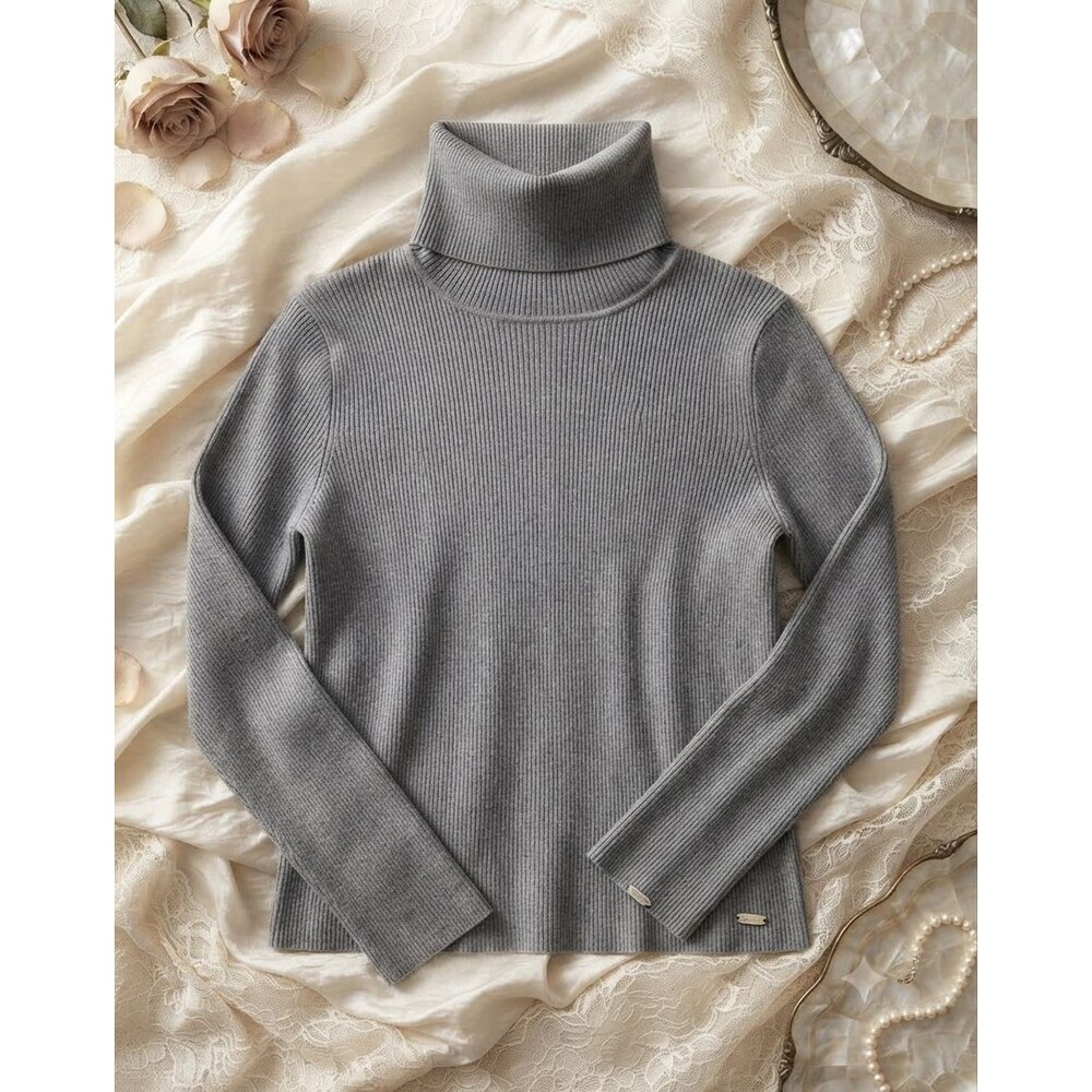 Lauren Ralph Lauren Gray Ribbed Turtleneck Sweater Women L Cotton Modal Logo